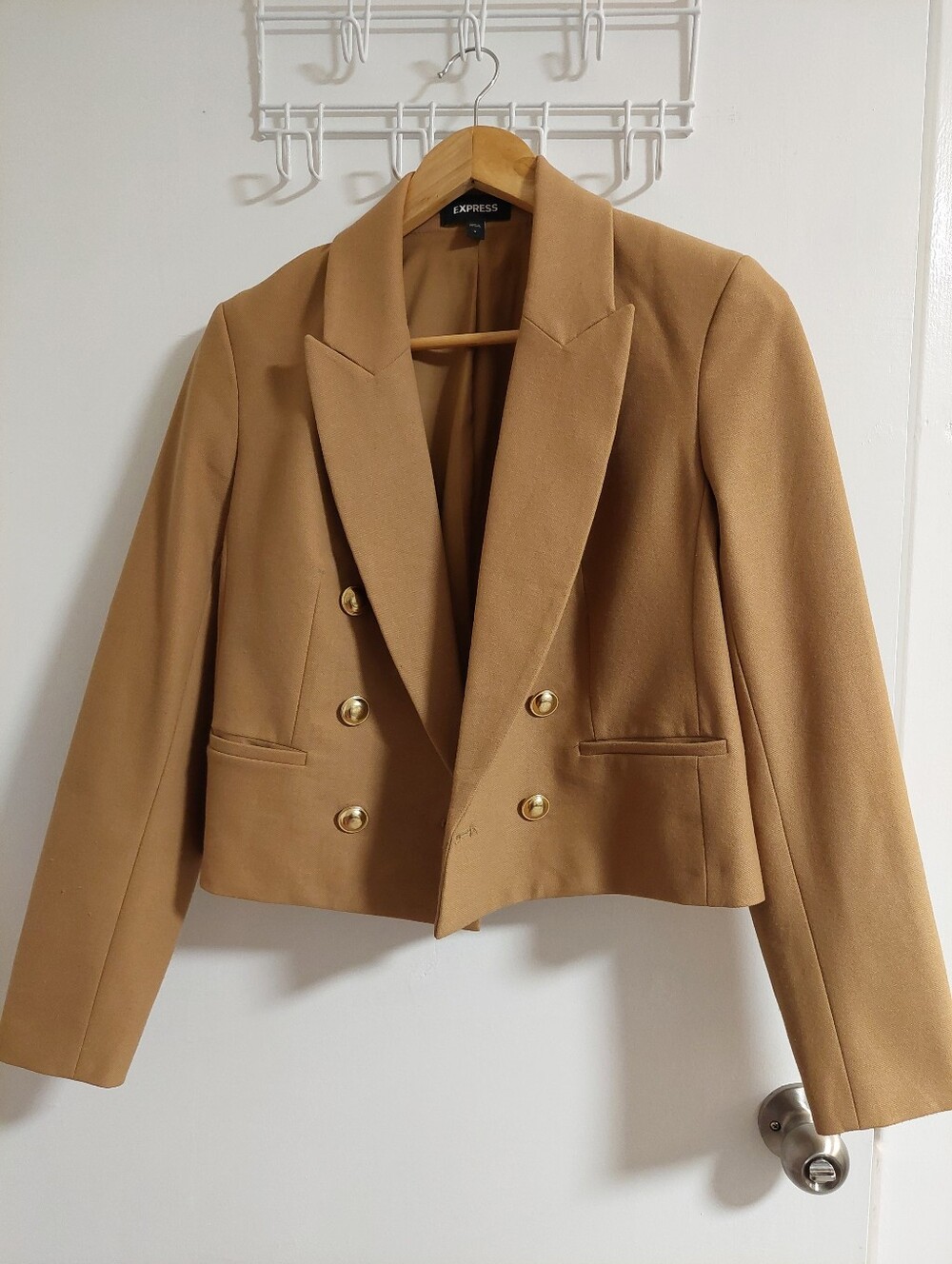 Express Cropped Double-Breasted Blazer in Camel Brown